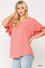Load image into Gallery viewer, Solid Round Neck Frill Sleeve Top With Scoop Hem