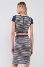 Load image into Gallery viewer, Navy &amp; White Geometrical Pattern Short Sleeve Crop Top &amp; High-waisted Pencil Skirt Two Piece Set