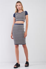 Load image into Gallery viewer, Navy &amp; White Geometrical Pattern Short Sleeve Crop Top &amp; High-waisted Pencil Skirt Two Piece Set
