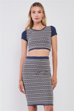 Load image into Gallery viewer, Navy &amp; White Geometrical Pattern Short Sleeve Crop Top &amp; High-waisted Pencil Skirt Two Piece Set