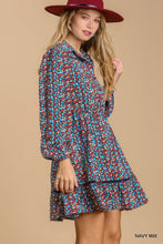 Load image into Gallery viewer, Collared neckline button down floral print dress with crochet trimmed details