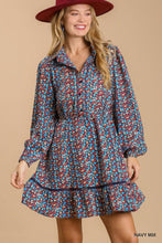 Load image into Gallery viewer, Collared neckline button down floral print dress with crochet trimmed details
