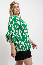 Load image into Gallery viewer, Geometric print ruffled bell sleeve woven top