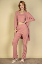Load image into Gallery viewer, Flat Back Rib 3 Pieces Cami Top With Pants And Long Cardigan Set