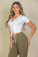 Load image into Gallery viewer, Ribbed Ruched Drawstring Surplice Top