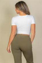 Load image into Gallery viewer, Ribbed Ruched Drawstring Surplice Top