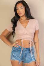 Load image into Gallery viewer, Ribbed Ruched Drawstring Surplice Top