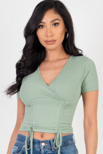 Load image into Gallery viewer, Ribbed Ruched Drawstring Surplice Top