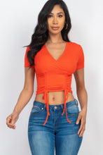 Load image into Gallery viewer, Ribbed Ruched Drawstring Surplice Top