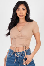 Load image into Gallery viewer, Ribbed Ruched Drawstring Surplice Top