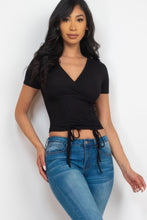 Load image into Gallery viewer, Ribbed Ruched Drawstring Surplice Top