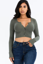 Load image into Gallery viewer, Ribbed Long Sleeve Snap Button Down Crop Top
