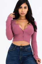 Load image into Gallery viewer, Ribbed Long Sleeve Snap Button Down Crop Top