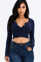 Load image into Gallery viewer, Ribbed Long Sleeve Snap Button Down Crop Top