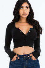 Load image into Gallery viewer, Ribbed Long Sleeve Snap Button Down Crop Top