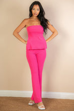 Load image into Gallery viewer, Ribbed Side Slit Bandeau Top &amp; Flare Pants Set