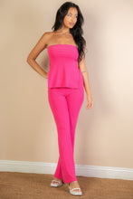 Load image into Gallery viewer, Ribbed Side Slit Bandeau Top &amp; Flare Pants Set