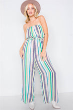 Load image into Gallery viewer, Green Multi Stripe Strapless Lightweight Wide Leg Jumpsuit