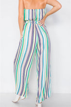 Load image into Gallery viewer, Green Multi Stripe Strapless Lightweight Wide Leg Jumpsuit