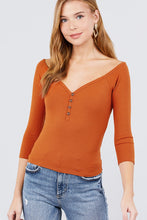 Load image into Gallery viewer, 3/4 Short Sleeve Button Down Detail Heavy Rib Knit Top