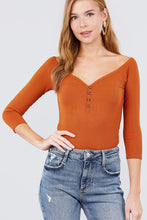 Load image into Gallery viewer, 3/4 Short Sleeve Button Down Detail Heavy Rib Knit Top