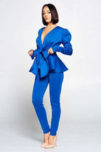Load image into Gallery viewer, Long Sleeve Deep V Neckline Top With Waist Tie To Make A Bow Detail Paired With Elastic Waist Pants
