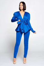 Load image into Gallery viewer, Long Sleeve Deep V Neckline Top With Waist Tie To Make A Bow Detail Paired With Elastic Waist Pants