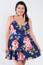 Load image into Gallery viewer, Plus Size Navy Floral Plunging V-neck Open Back Skater Mini Dress