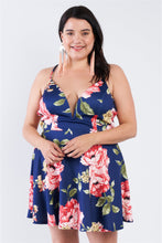 Load image into Gallery viewer, Plus Size Navy Floral Plunging V-neck Open Back Skater Mini Dress
