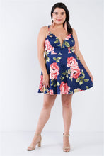 Load image into Gallery viewer, Plus Size Navy Floral Plunging V-neck Open Back Skater Mini Dress