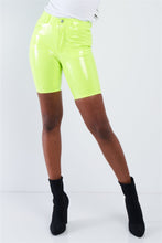 Load image into Gallery viewer, Neon Lime Green Faux Leather Biker Shorts
