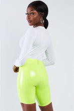 Load image into Gallery viewer, Neon Lime Green Faux Leather Biker Shorts