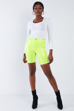 Load image into Gallery viewer, Neon Lime Green Faux Leather Biker Shorts