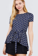 Load image into Gallery viewer, Short Sleeve Round Neck W/belt Peplum Print Dty Top
