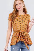 Load image into Gallery viewer, Short Sleeve Round Neck W/belt Peplum Print Dty Top