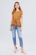 Load image into Gallery viewer, Short Sleeve Round Neck W/belt Peplum Print Dty Top