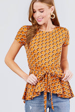 Load image into Gallery viewer, Short Sleeve Round Neck W/belt Peplum Print Dty Top