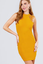 Load image into Gallery viewer, Sleeveless W/shoulder Lace Patch Open Back Button Closure Stretch Knit Mini Dress
