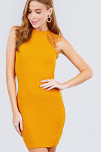 Load image into Gallery viewer, Sleeveless W/shoulder Lace Patch Open Back Button Closure Stretch Knit Mini Dress