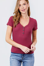 Load image into Gallery viewer, Short Sleeve V-neck W/button Detail Rib Knit Top