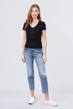 Load image into Gallery viewer, Short Sleeve V-neck W/button Detail Rib Knit Top