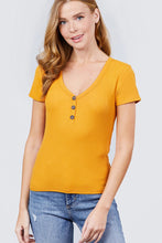 Load image into Gallery viewer, Short Sleeve V-neck W/button Detail Rib Knit Top
