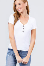 Load image into Gallery viewer, Short Sleeve V-neck W/button Detail Rib Knit Top