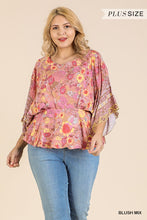 Load image into Gallery viewer, Floral Scarf Mixed Print Kimono Sleeve Round Neck Peplum Hem Top