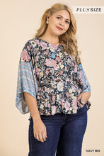 Load image into Gallery viewer, Floral Scarf Mixed Print Kimono Sleeve Round Neck Peplum Hem Top