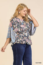 Load image into Gallery viewer, Floral Scarf Mixed Print Kimono Sleeve Round Neck Peplum Hem Top
