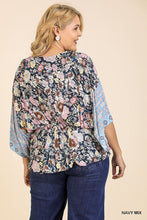 Load image into Gallery viewer, Floral Scarf Mixed Print Kimono Sleeve Round Neck Peplum Hem Top
