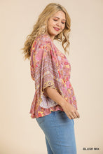 Load image into Gallery viewer, Floral Scarf Mixed Print Kimono Sleeve Round Neck Peplum Hem Top