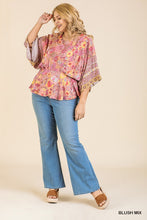 Load image into Gallery viewer, Floral Scarf Mixed Print Kimono Sleeve Round Neck Peplum Hem Top