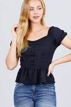 Load image into Gallery viewer, Short Sleeve Heart Neck W/button Back Smocking Detail Flare Hem Woven Top